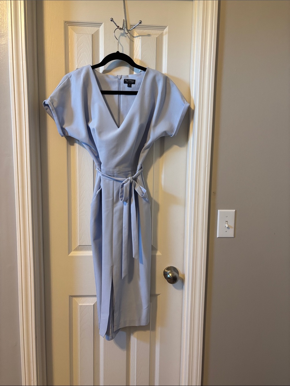 Miss Selfridge Powder Blue V-Neck Tie-Waist Midi Dress